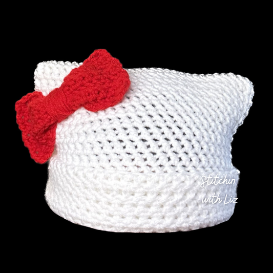 White Cat with Red Bow Beanie