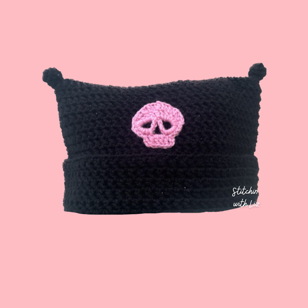 Black Cat Beanie with Skull